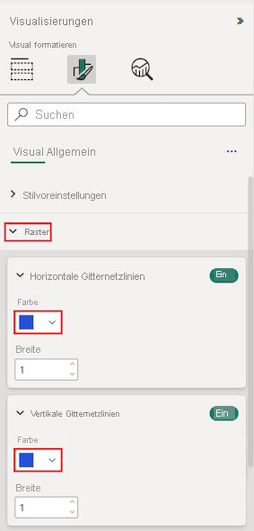 Screenshot mit den Optionen für das Tabellenraster im Abschnitt „Format“ des Bereichs „Visualisierungen“.