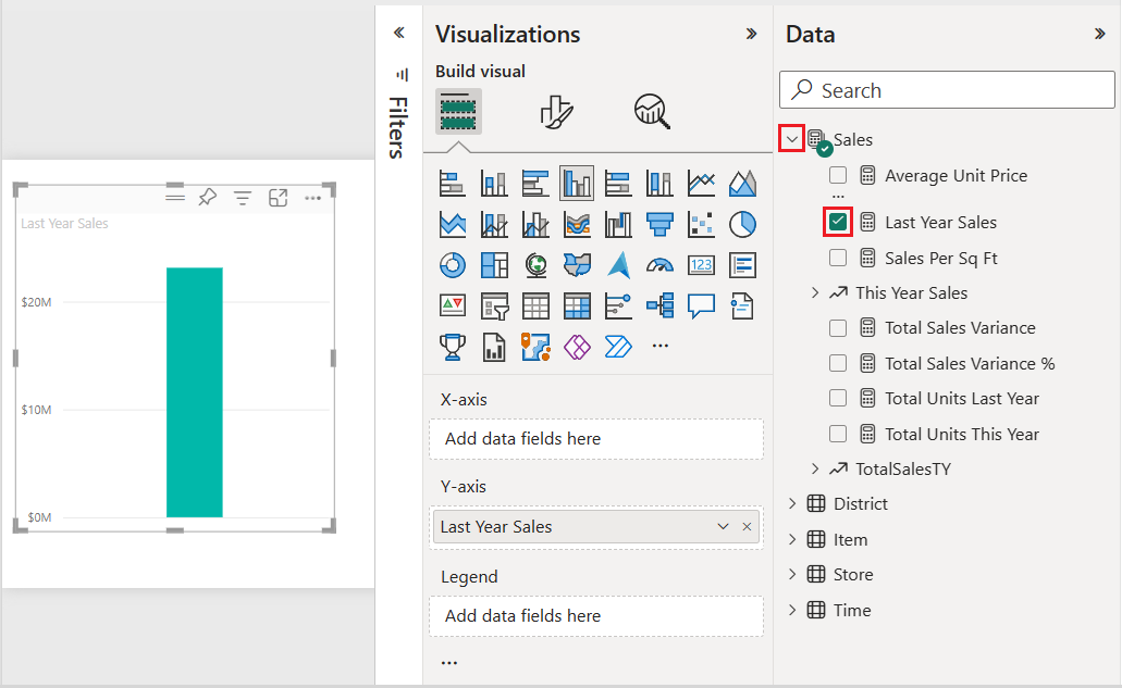 Screenshot, in dem das Kontrollkästchen „Umsätze im letzten Jahr“ aktiviert ist und das von Power BI erstellte Standarddiagramm zu sehen ist.