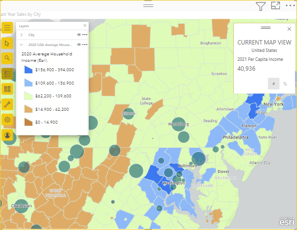 Screenshot: Regionale Umsätze nach Größe im Vergleich zu US-Volkszählungsdaten.