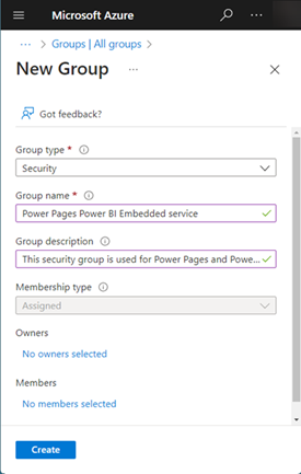 Sicherheitsgruppe für Power BI Embedded Service erstellen.