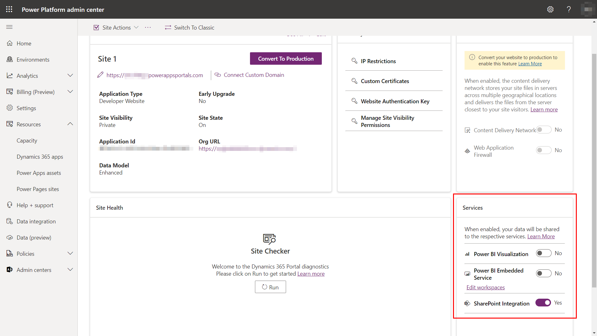 Der Abschnitt „Dienste“ der Power Pages Sites-Verwaltungsoptionen im Power Platform Admin Center.