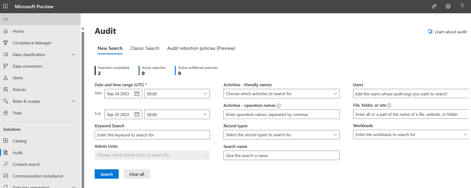 Microsoft Purview-Suchüberwachungsseite