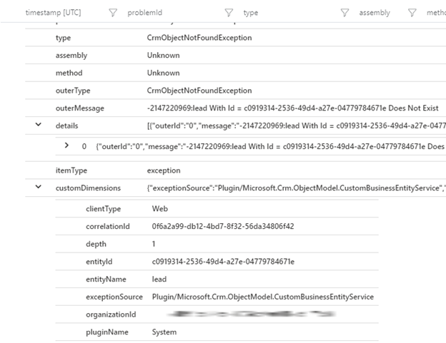 Application Insights Ausnahmetabelle Attributdetails.