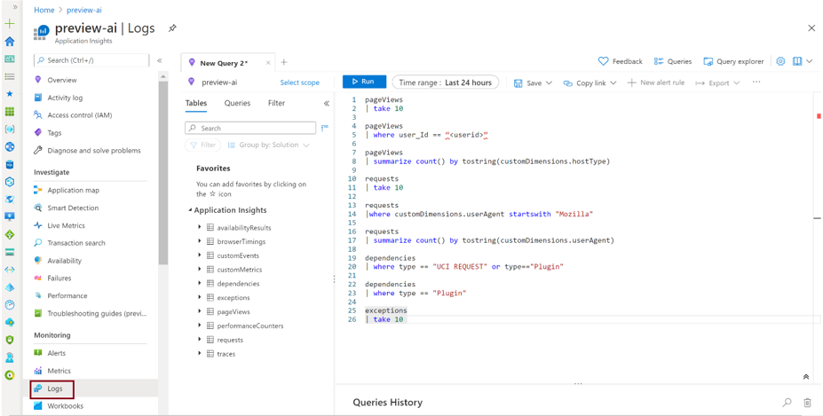 Application Insights Protokollabfrage.