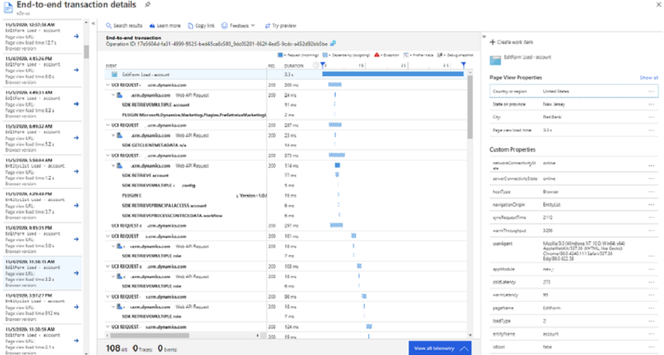 Application Insights Leistungsdetails für End-to-End-Transaktionen.