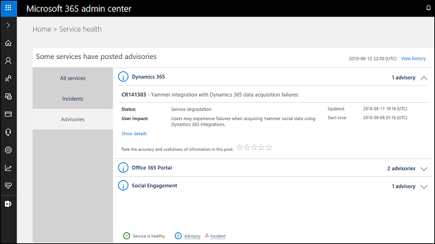 Microsoft 365 Admin-Center Service-Ausgabe.