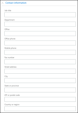 Berufsbezeichnung, Abteilung, Büro, Bürotelefon, Mobiltelefon, Faxnummer, Straße, Stadt, Bundesland oder Provinz, Postleitzahl oder Postleitzahl, Land oder Region