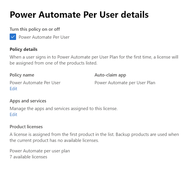 Screenshot der Konfiguration für Richtlinien zur automatischen Inanspruchnahme für Power Automate.