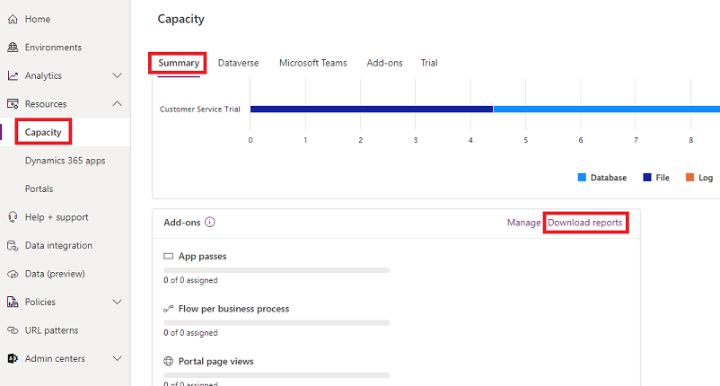 Screenshot, der die Kapazitätsseite im  Power Platform Admin Center zeigt und das verknüpfen zum Herunterladen von Berichten hervorhebt.