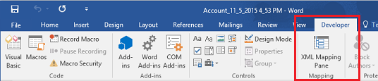 Auswählen des XML-Zuordnungsbereichs im Word-Menüband.