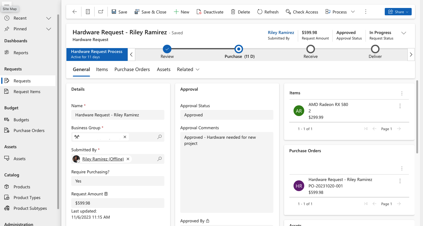 Screenshot der Verwaltung einer Anfrage, die eine PO erfordert, in der Hardware Management-App.