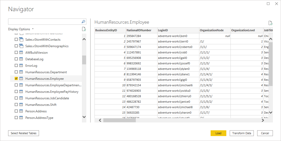 Power Query Desktop Navigator mit den Mitarbeiterdaten der Personalabteilung.