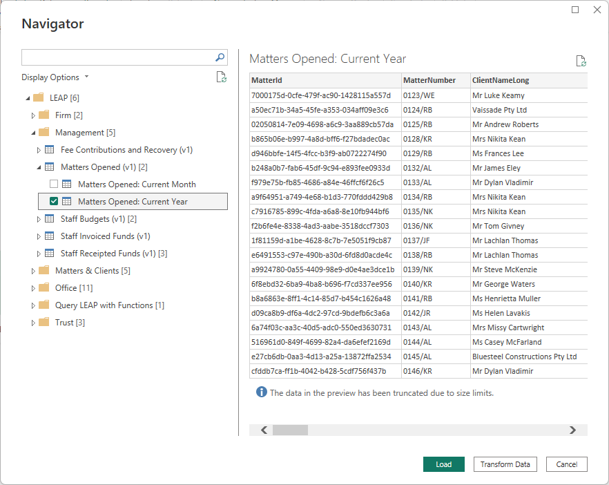 Power Query Navigator mit den LEAP-Daten.