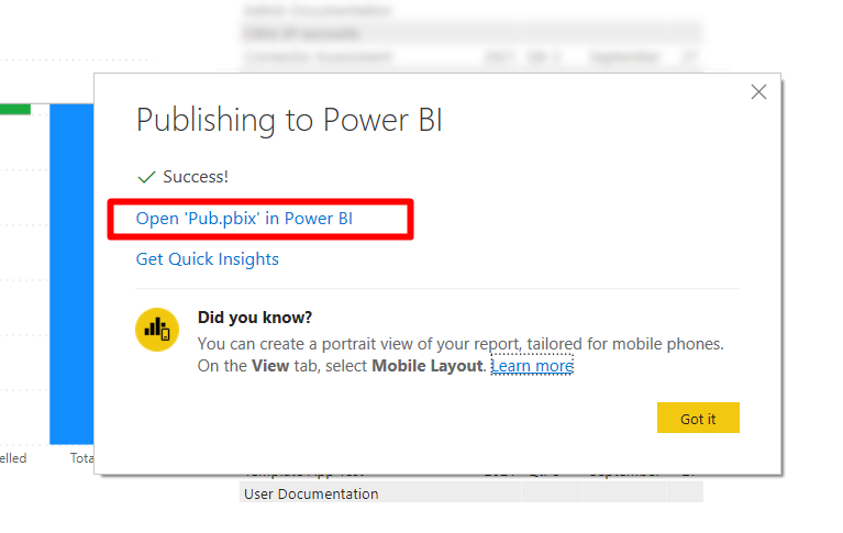 Screenshot: Dialog zum Veröffentlichen in Power BI mit der Erfolgsmeldung und einem hervorgehobenen Link.