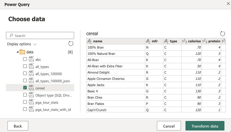 Screenshot des Power Query Online Navigator mit dem ausgewählten Dataset.