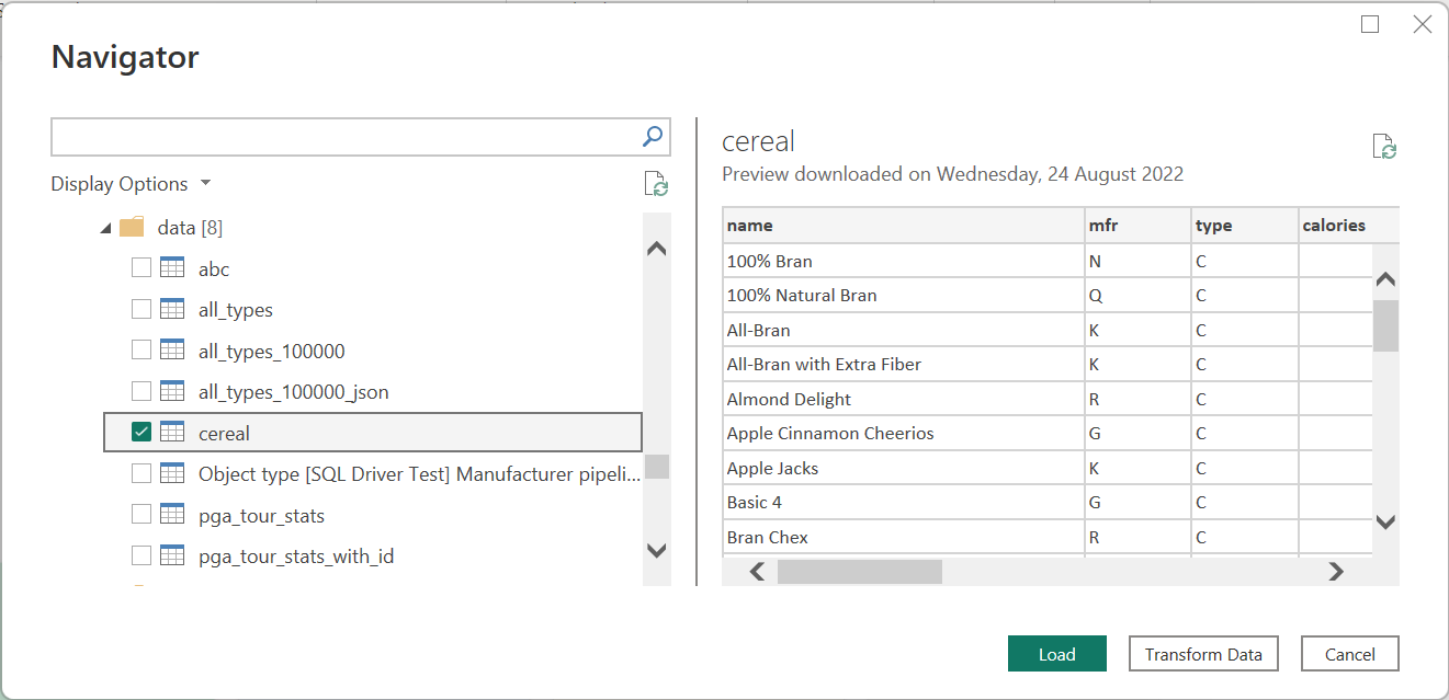 Screenshot des Power Query Desktop Navigator mit dem ausgewählten Dataset.