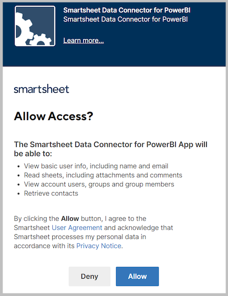 Screenshot der Fenster „Zugriff zulassen“, in denen Sie dem Connector erlauben, auf Smartsheet zuzugreifen.