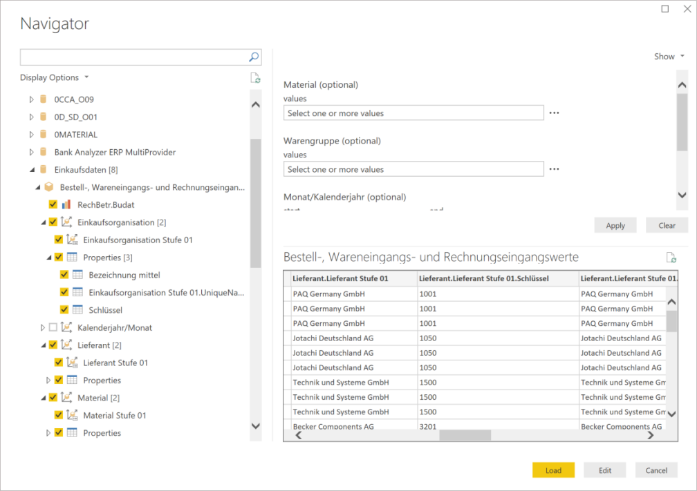 Navigator mit Sprachänderungen für beschreibende und Feldnamen.