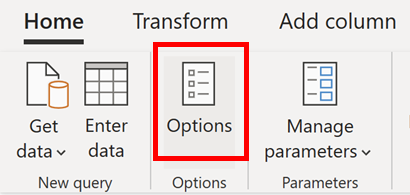 Screenshot des Symbols „Optionen“ und der Auswahl auf der Registerkarte „Start“ von Power Query.