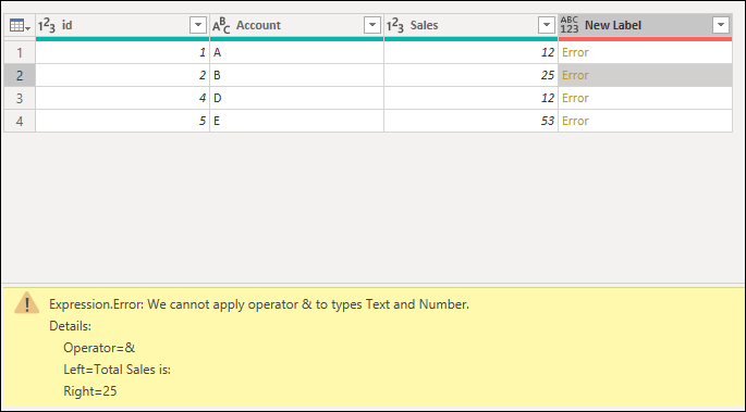 Ausdrucksfehler im Fehlerbereich, der durch den Versuch verursacht wird, einen And-Operator auf Text und eine Zahl aus der Spalte Sales anzuwenden.