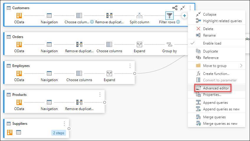 Option Erweiterter Editor im Kontextmenü der Abfrage.