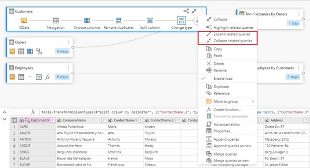 Im Kontextmenü der Diagrammansicht auf Abfrageebene wird ein rotes Feld um die Optionen zum Erweitern oder Reduzieren verwandter Abfragen angezeigt.