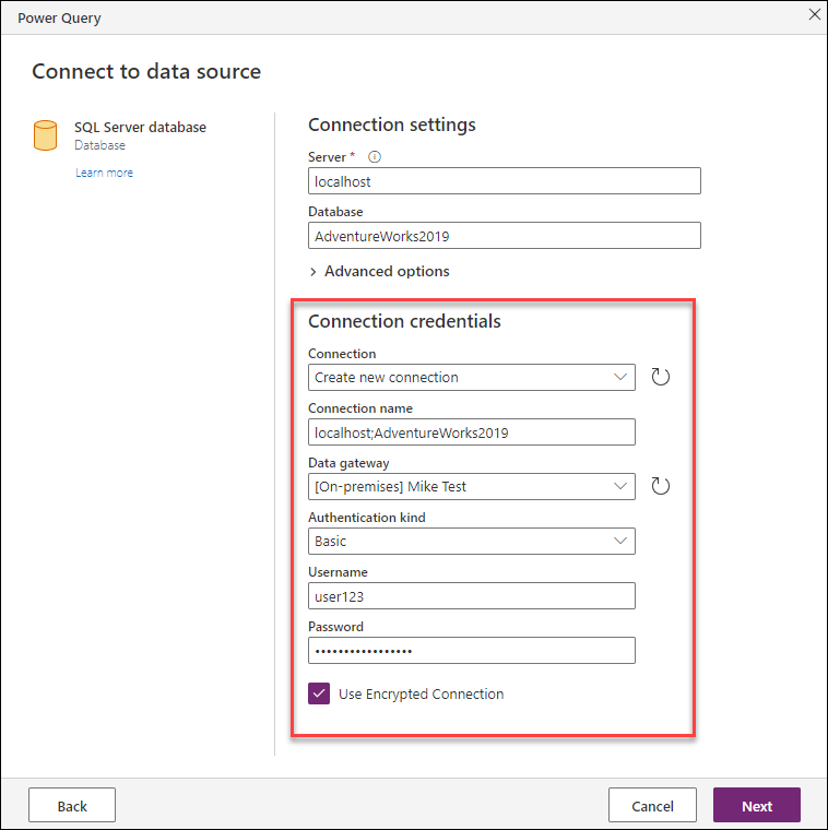 Anmeldeinformationen zur Verbindung des SQL Server-Datenbankconnectors, bei dem der Benutzer ein Datengateway, einen neuen Verbindungsnamen und die Anmeldeinformationen mithilfe der Standardauthentifizierungsart eingegeben hat.