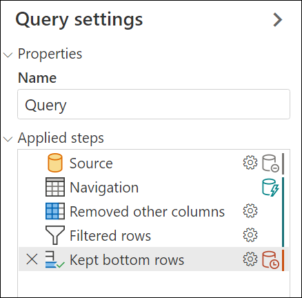 Query Folding-Indikatoren für die Beispielabfrage im Bereich Angewendete Schritte.