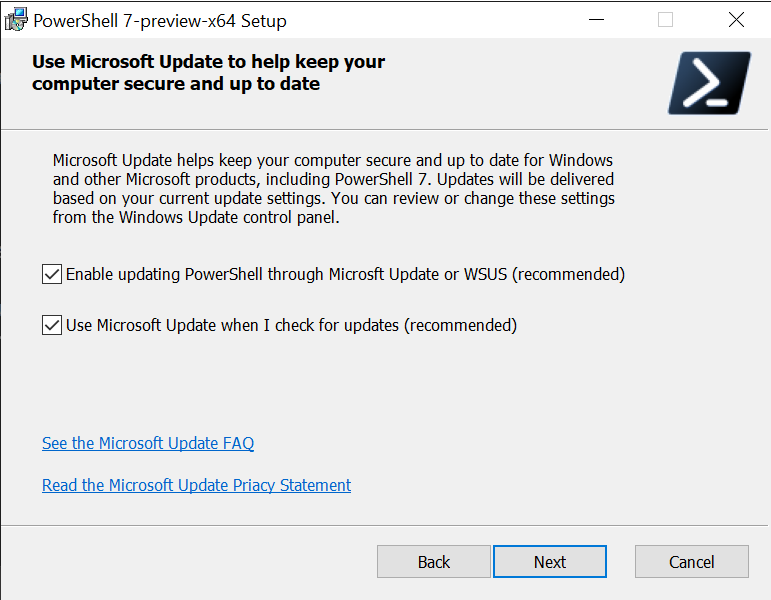 PowerShell-Setup – Dialogfeld „Microsoft Update“