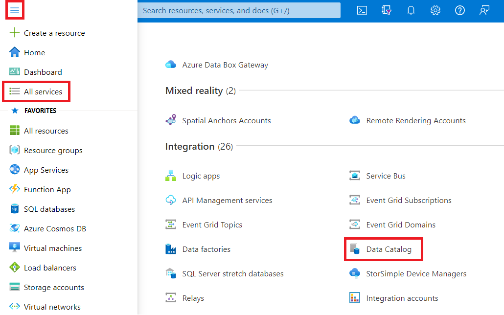 Geöffnetes Menü auf der linken Seite im Azure-Portal mit Auswahl von „alle Dienste“. Im Menü „Dienste“ ist Data Catalog ausgewählt.