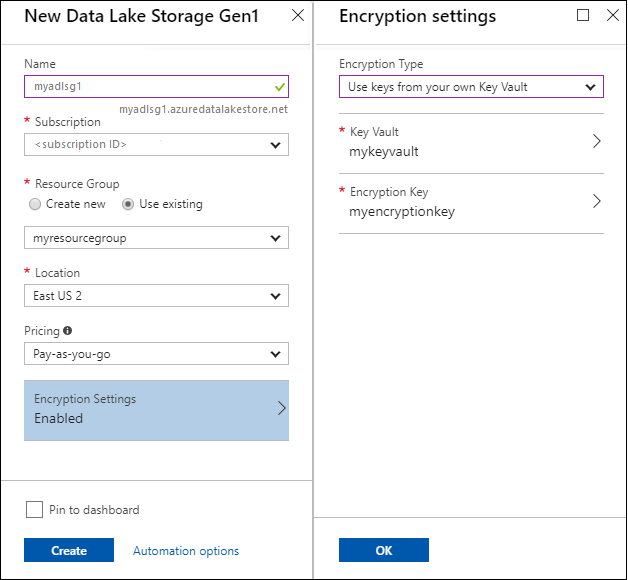 Screenshot: Blatt „New Data Lake Storage Gen 1“ (Neue Data Lake Store Gen 1-Instanz) und Blatt „Verschlüsselungseinstellungen“