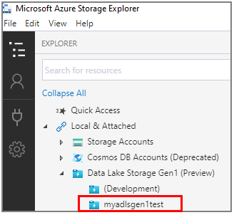 Data Lake Storage Gen1-Konto unter dem Knoten „Data Lake Storage Gen1 (Vorschau)“ auf der Benutzeroberfläche