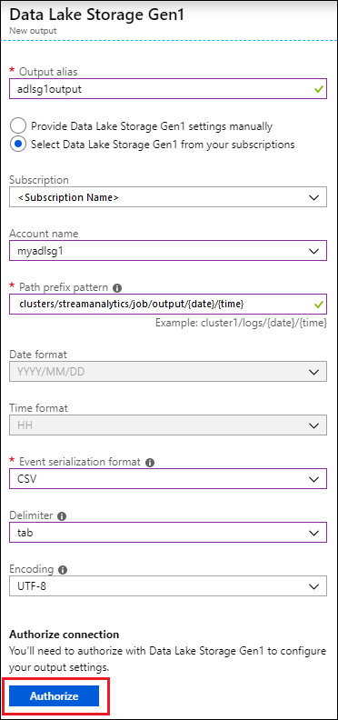 Screenshot: Blatt „Data Lake Storage Gen 1 – Neue Ausgabe“ mit hervorgehobener Option „Autorisieren“