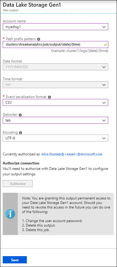 Screenshot: Blatt „Data Lake Storage Gen 1 – Neue Ausgabe“