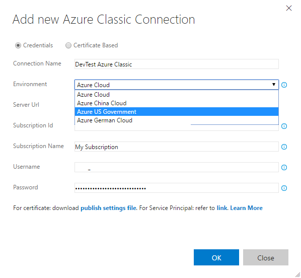 Adding an Azure Classic connection