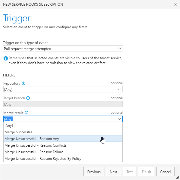 PR service hooks merge events