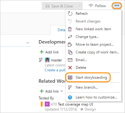 Start storyboarding within work item web form, web portal