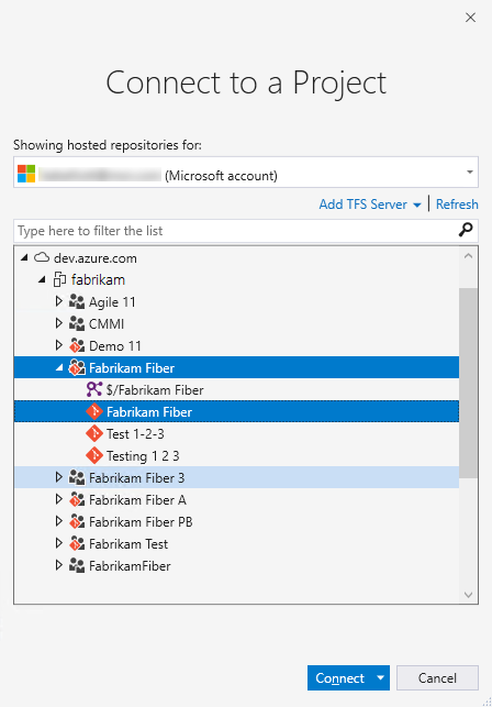 Connect to a Project dialog, connect to a Project and Git repository