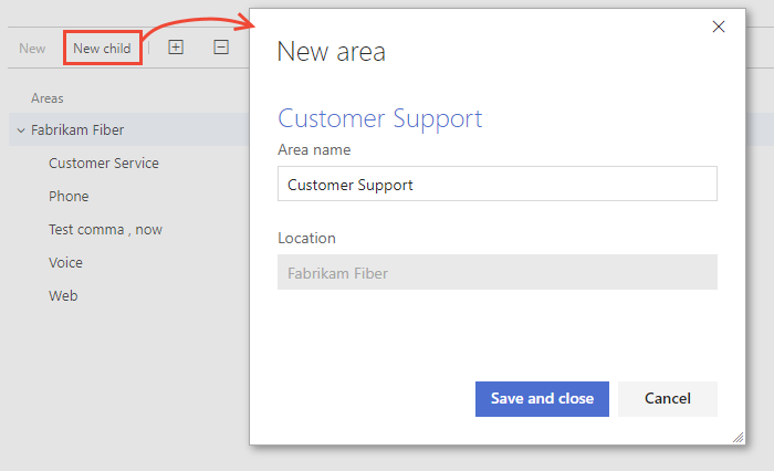 Add a new area path, 2017 and earlier versions