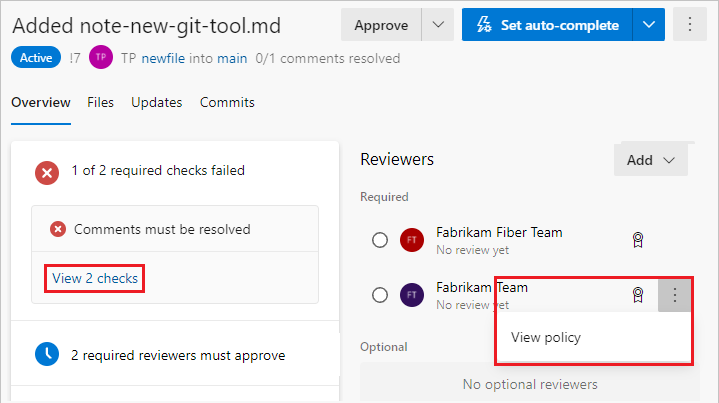 Screenshot that shows View policy next to a branch policy requirement in a P R.