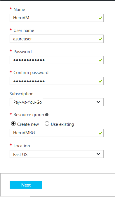 Screenshot mit den Einstellungen auf dem Blatt „Grundlagen“ für die Konfiguration eines virtuellen Azure-Computers