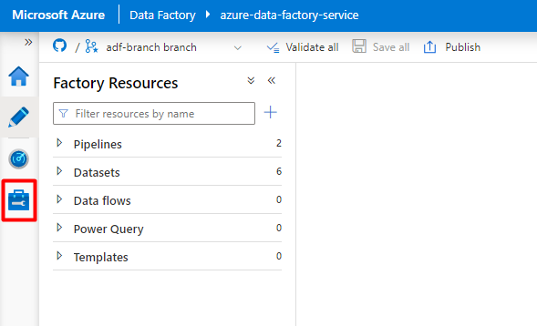 Screenshot: Auswählen des Symbols „Verwalten“ in Azure Data Factory zum Konfigurieren des verknüpften Snowflake-Diensts