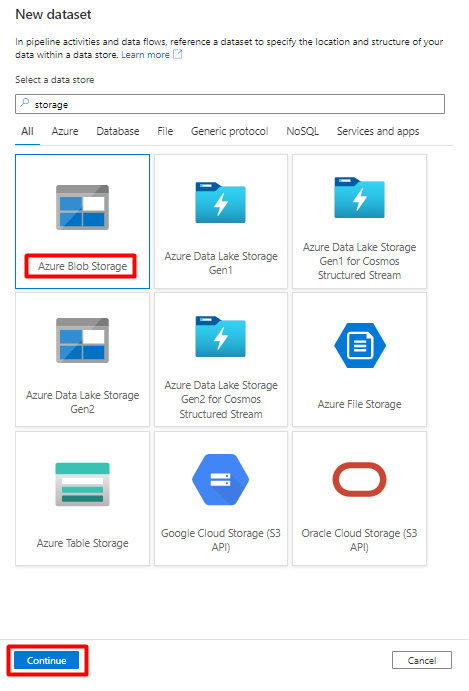 Screenshot: Auswählen eines neuen Blob Storage-Datenspeichers in Azure Data Factory für das Staging