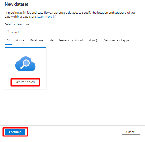 Screenshot: Auswählen eines Azure Cognitive Search-Diensts für ein Dataset in Azure Data Factory zur Verwendung als Senke