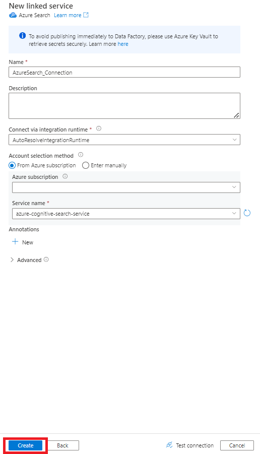 Screenshot: Auswählen eines neuen verknüpften Search-Diensts in Azure Data Factory mit Eigenschaften zum Importieren aus Snowflake