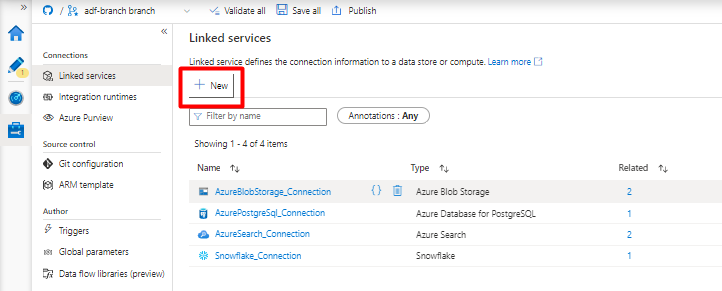 Screenshot: Auswählen von „Neuer verknüpfter Dienst“ in Azure Data Factory