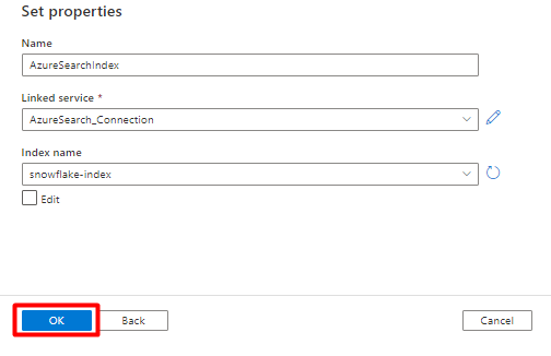 Screenshot: Auswählen eines neuen verknüpften Search-Diensts in Azure Data Factory für Snowflake