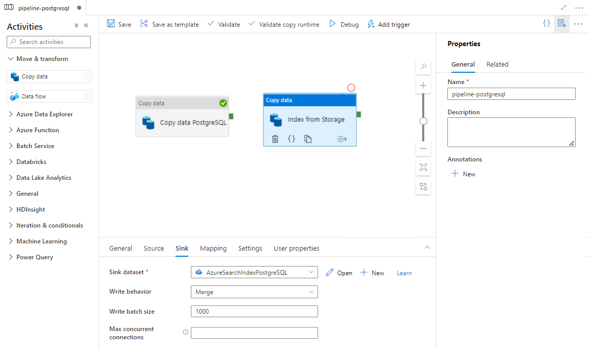 Screenshot: Konfigurieren der Senke zum Indizieren aus Storage in den Azure Cognitive Search-Index