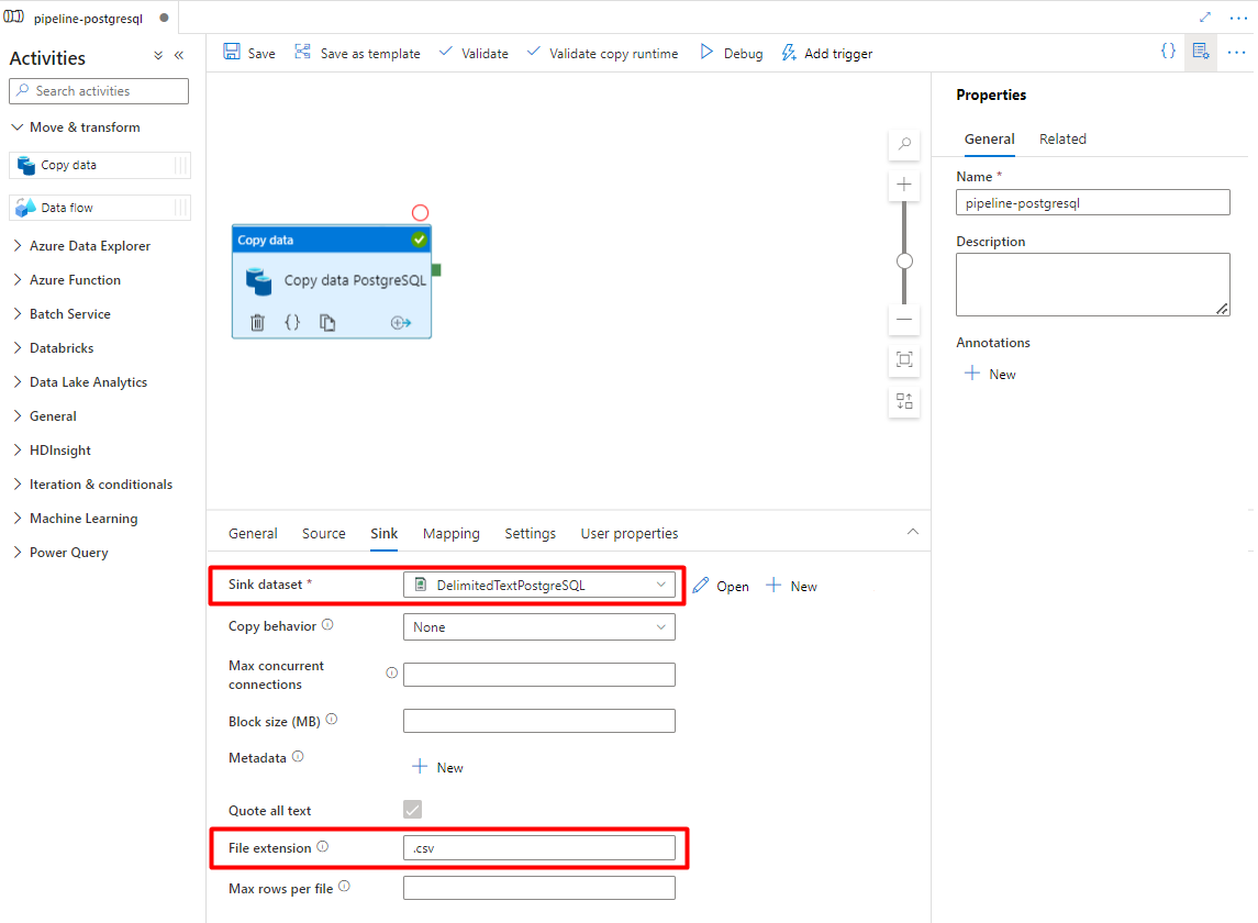 Screenshot: Konfigurieren der Senke zum Importieren von Daten aus PostgreSQL in Azure Storage Blob