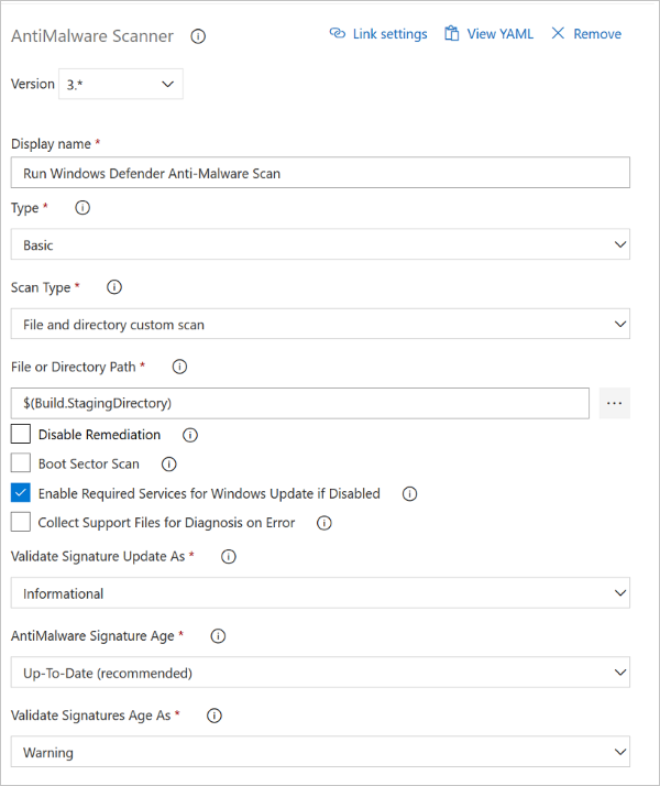 Konfigurieren des Schadsoftwarescanner-Buildtasks